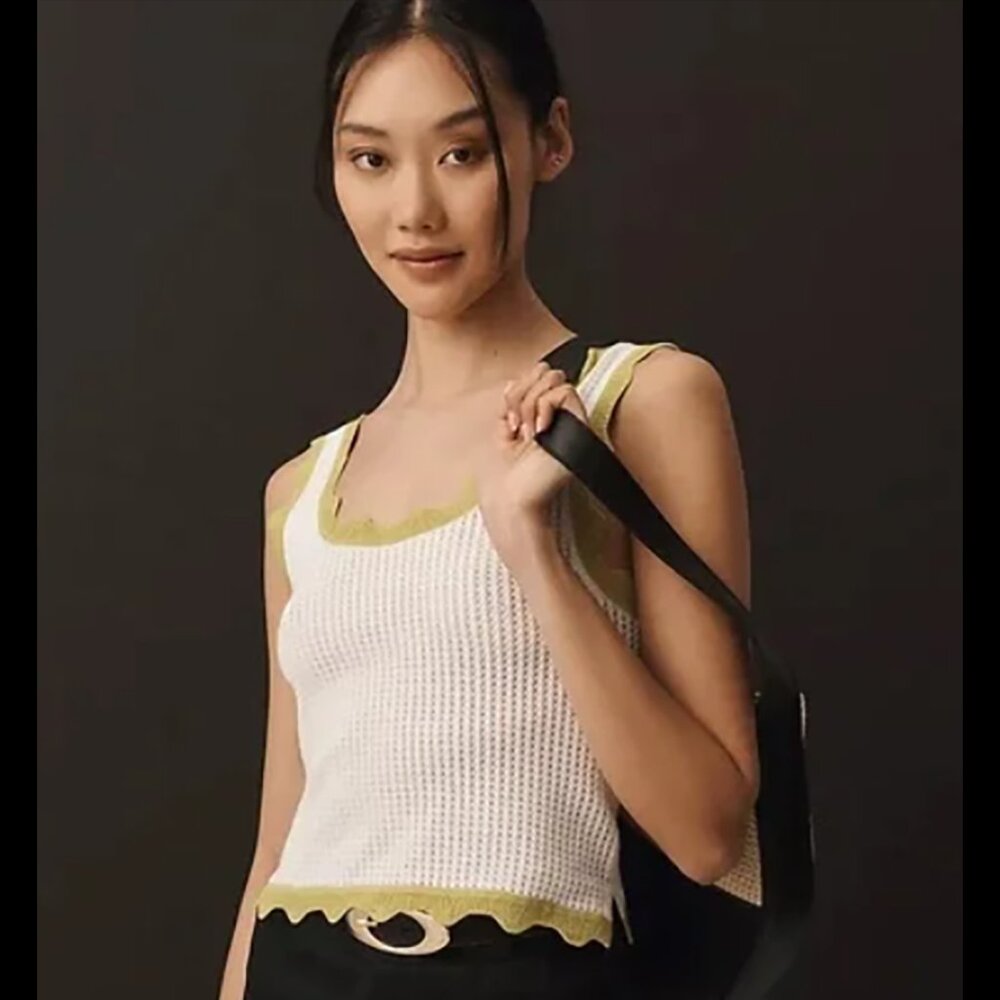 Anthropologie Maeve Crop Tank Top White With Green Scallop Hem, Size XS